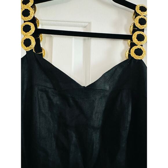 BOUILLABAISSE Deborah Vintage Black Linen Gold-Tone Metal Medallion Straps Dress - Picture 4 of 10